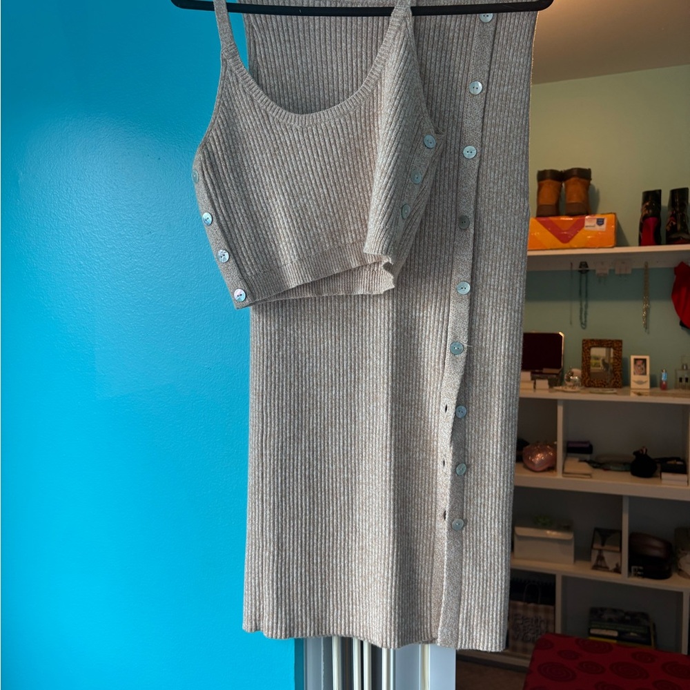 Beige Ribbed Knit Tank and Skirt Set